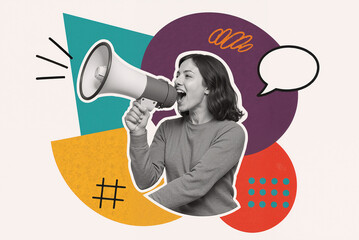 young woman with megaphone promoting creative communication with colorful abstract geometric shapes conveying excitement and enthusiasm in modern design