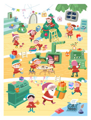 Santa workshop. Elves preparing for Christmas. New Year Eve and holidays in winter. Scene of children illustration on white background. Stylized picture for greeting card.