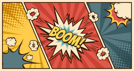 Obraz premium Pop art comic background with clouds boom cartoon vector illustration