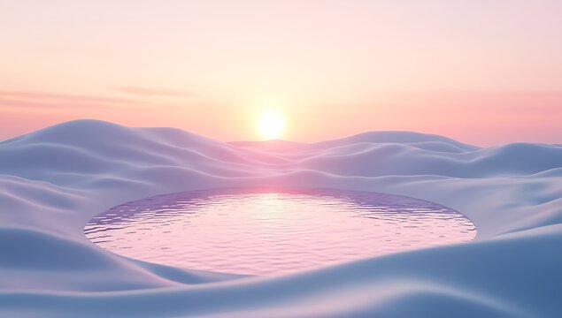 A dreamy sunset reflects on a tranquil pool of water in a serene landscape