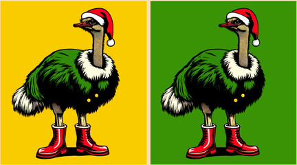 Ostrich wearing Santa hat and red boots on double pop art vector background