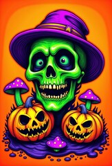 vibrant halloween illustration featuring a green skull with purple witch hat surrounded by carved pumpkins and glowing mushrooms on an orange background