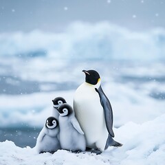 Penguin parents watching over baby with care high resolution picture