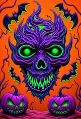 spooky halloween illustration with glowing purple skull and bats on orange background