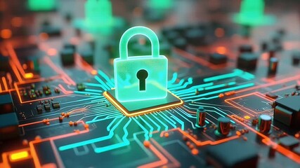 animated digital security concept showing neon green shield lock symbol over cyber circuit board ideal depicting cybersecurity virtual safety encrypted technology colorful 4K - Powered by Adobe