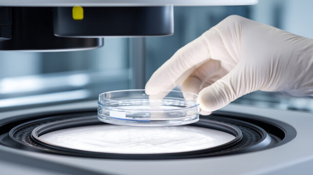 Petri dish placed into analysis machine for microbiology testing. - Powered by Adobe