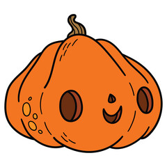 Hand-drawn cartoon halloween pumpkin with scary spooky smile on white background.