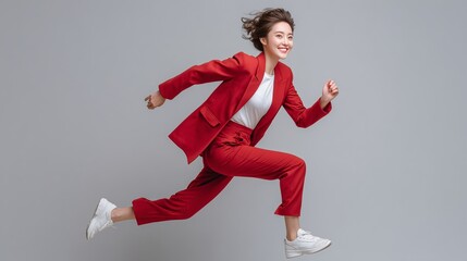 Energetic woman in red suit and sneakers jumping forward