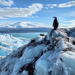 Penguin perched peacefully on glacier facing horizon high resolution picture
