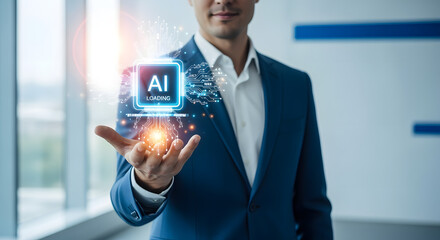 Businessman in Suit Interacting with Artificial Intelligence Technology in Modern Office