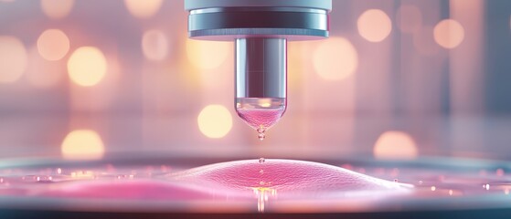 Precision instrument manipulates pink cellular material with tiny spheres, creating a biological fluid droplet in a laboratory setting with soft bokeh lights.