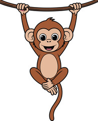 Cute cartoon baby monkey hanging on tree branch, smiling jungle animal illustration, vector character design for kids, wildlife clipart © Khadija Creatives