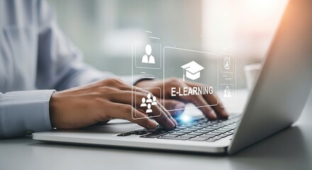 Person using laptop for online e-learning, modern technology, digital education concept.