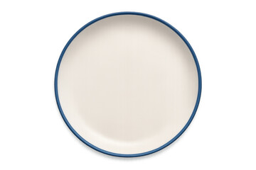 Round white plate with blue border, isolated on transparent background, perfect for showcasing culinary creations