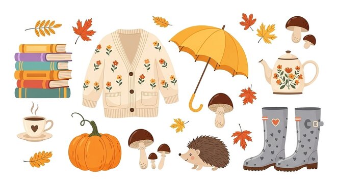 Cozy Autumn Flatlay: Floral Cardigan, Books, Pumpkin, Umbrella, Rain Boots, Tea, Mushrooms, Hedgehog.