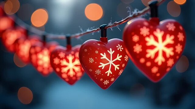 charming holiday themed decor showing red hearts snowflake patterns hanging string ideal seasonal video messages cheerful winter visuals high quality video animated