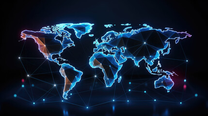 Neon Glowing World Map: Futuristic Design with Light Effects and Digital Technology