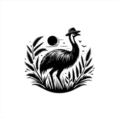 Fototapeta premium Stylized emu wearing a hat in a field under the sun