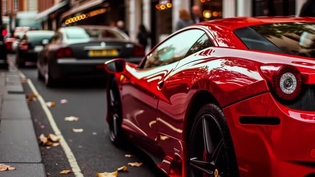 Footage of a luxury red sports car parked on a city street with cinematic lighting. Evokes a sense of wealth, high performance, and urban automotive culture. 