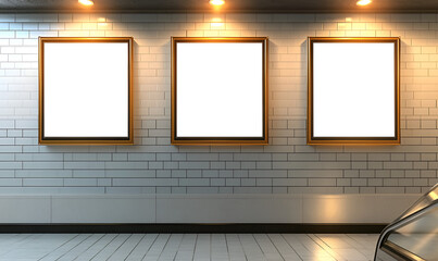 Three blank square frames on a white brick wall illuminated by spotlights in a modern setting.