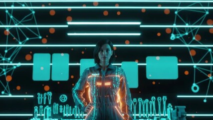 A futuristic technician stands confidently in a high-tech workshop surrounded by glowing tools and digital interfaces symbolizing innovation and advanced technology in a modern workspace - Powered by Adobe