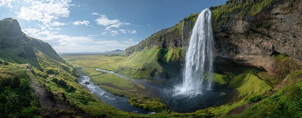 Panoramic view of a majestic waterfall cascading down a dramatic cliff face, surrounded by lush green valleys and mountains