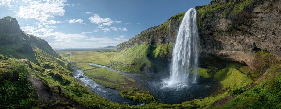 Panoramic view of a majestic waterfall cascading down a dramatic cliff face, surrounded by lush green valleys and mountains
