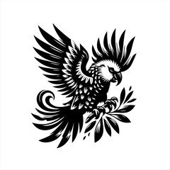 Obraz premium Black and white stylized illustration of a cockatoo in flight