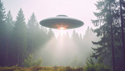 UFO flying above foggy forest. Analog photography. Photo of a UFO in the sky