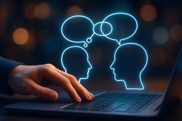 Digital communication and connection with glowing chat bubbles over a laptop