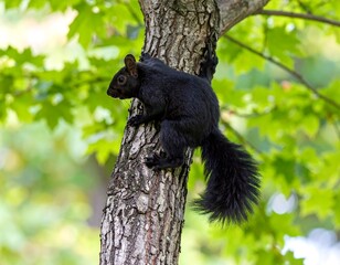 Obraz premium Black squirrel on tree trunk (1)