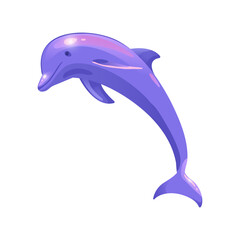 Cartoon cute purple dolphin character is jumping for icons, stickers, coloring, logo