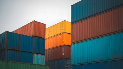 Fototapeta premium Stacked shipping containers in vibrant colors under an overcast sky featuring shipping containers, stack, blue