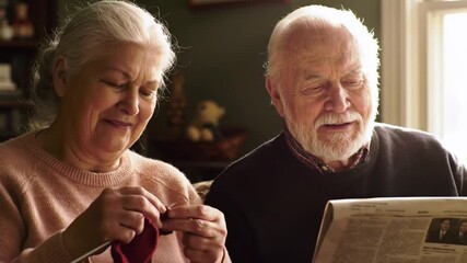 Elderly couple enjoying a cozy afternoon at home, knitting and reading a newspaper together - Powered by Adobe
