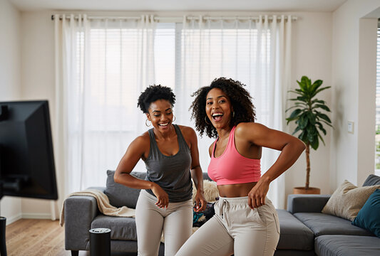 two smiling afro-american women enjoying dance workout at home living room together, wearing casual fitness wear, enhancing winter fitness routines and boosting mood