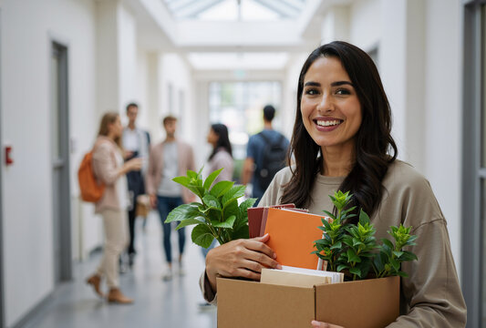 Young woman smiling in office hallway holding box with plants and books during corporate relocation, diverse professionals collaborating in background