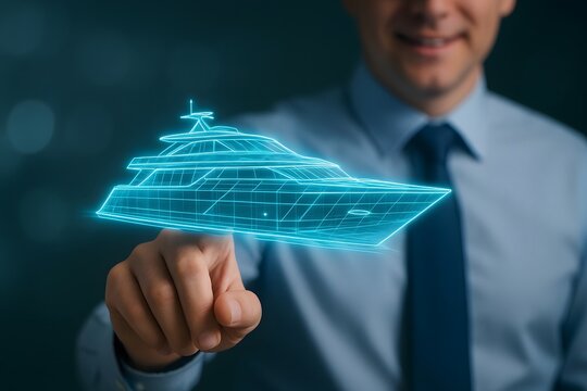 Businessman interacting with a futuristic holographic yacht design - Powered by Adobe