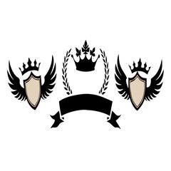 Royal emblem design with crowns shields wings and banner for logo or heraldry