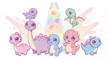 Naklejka premium Cute pastel dinosaurs around lava lamp
