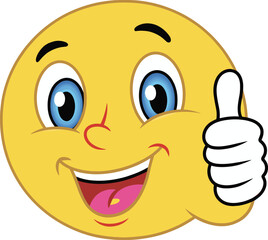 Smiley face emoji showing thumbs up, happy cartoon expression, cheerful emoticon vector, approval sign icon, positive feedback reaction image