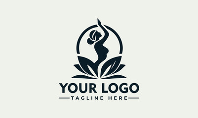 Elegant logo design featuring a silhouette of a woman in a yoga pose, surrounded by stylized leaves and a circle, for a wellness or spa business.