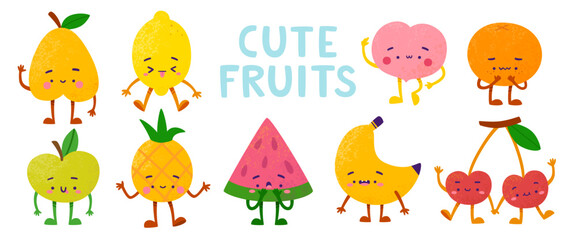 Cute fruit character set. Cartoon vector fruits and berries collection.