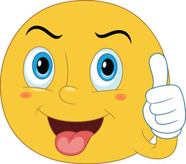 Funny cartoon emoji face with tongue out, big eyes, blue eyes, hand thumbs up gesture, cheerful vector illustration design