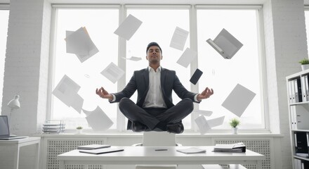 Businessman levitates cross-legged above his desk in a meditation pose while papers and folders float around, symbolizing calm focus amid office chaos