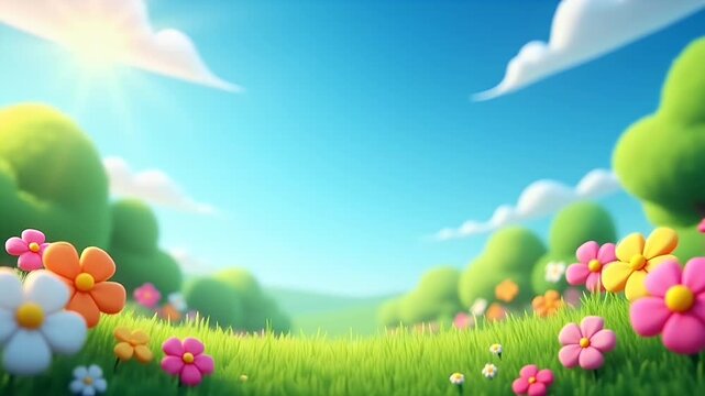 Celebrate seasonal renewal cartoonish blooming flowers blue sky green meadow playful animated loop perfect spring themed digital