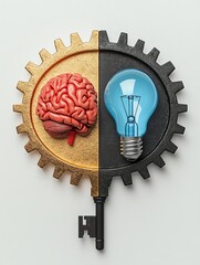 Conceptual illustration on white background gold gear divided with pastel red brain on the left side and pastel blue bulb on the right side