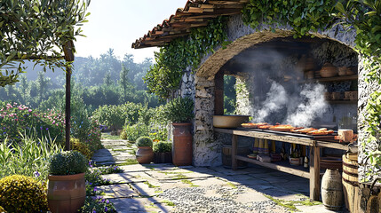 Obraz premium Rustic outdoor kitchen in a sun-drenched garden, with stone walls, herbs, and cooking. Smoke rises from a wood-fired grill