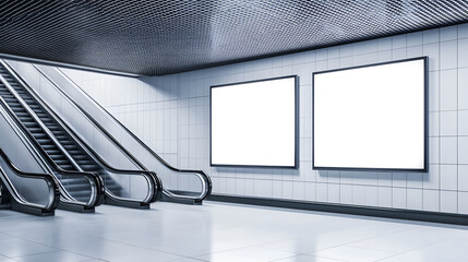 Two blank advertising billboards on a tiled wall next to escalators in a modern subway station.