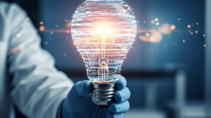 Hand in blue glove holding glowing light bulb with digital overlay in a laboratory setting - Powered by Adobe