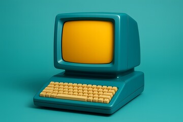 Retro teal computer with yellow screen and keyboard on a teal background